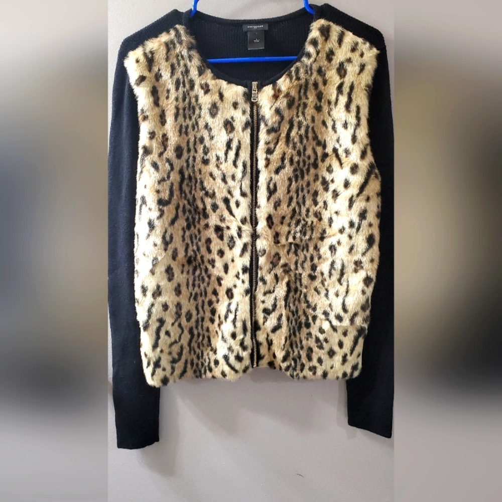 Ann Taylor Black Cardigan with Leopard Print Faux Fur Front